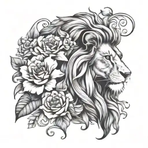 Lion And Flowers Intertwined
