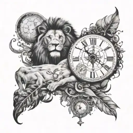 A Lion In A Jungle On One Side And On The Other Side Represented With Constellations And A Clock