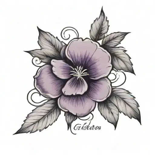 A Minimalist Tattoo Of A Single Violet With The Word 'Kaiden' In A Delicate Script Font