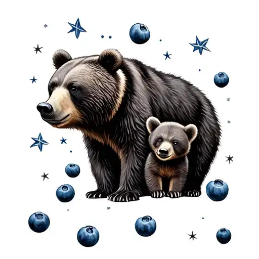 Bear With 3 Cub Surrounded By Blueberries And Stars