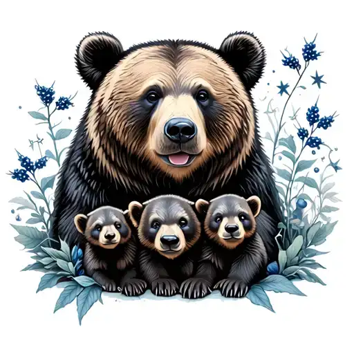 Bear With 3 Cub Surrounded By Blueberry Plants And Stars