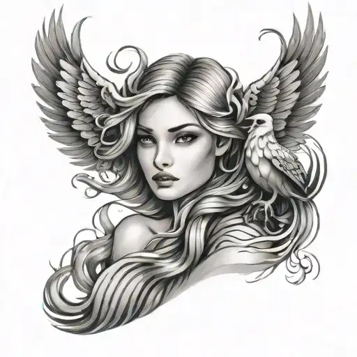 Delicate Tattoo Of A Girl With A Phoenix In Her Hair