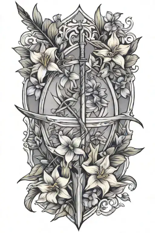 A Bow And Arrow Design With Kaiden's Name In The Middle Surrounded By Violets And Daffodils
