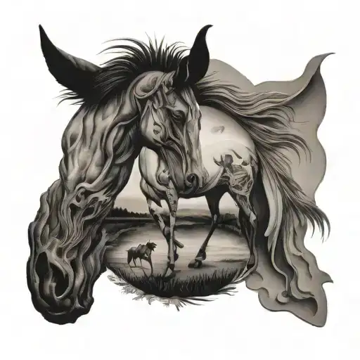 A Surreal Black And Grey Tattoo Of A Dog And Horse Morphed Together In A Dreamlike Landscape