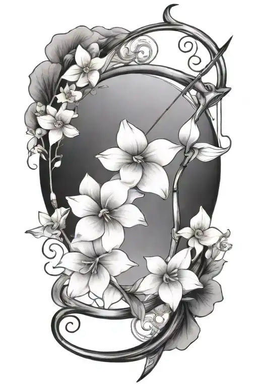 A Bow And Arrow Design With 'Kaiden' In The Middle Of The Arrow Surrounded By Violets And Daffodils