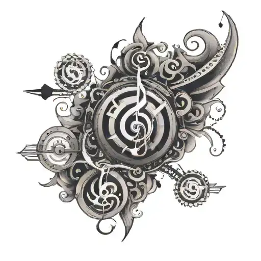 A Sleeve Tattoo Featuring A Mix Of Music Symbols And Mothivathion Patterns In A Black-grey Style