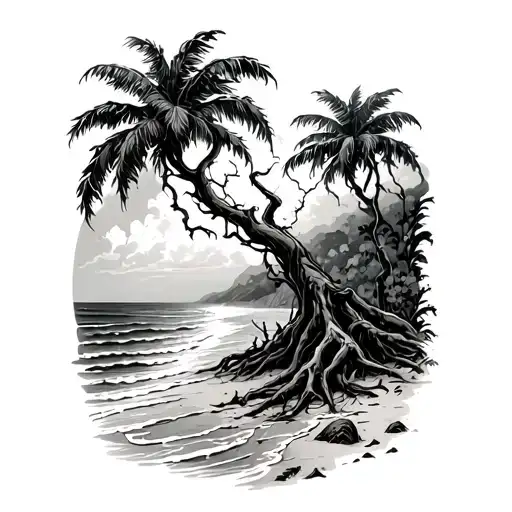 Beach Scene With Grateful Dead Tree With Creeping Vines