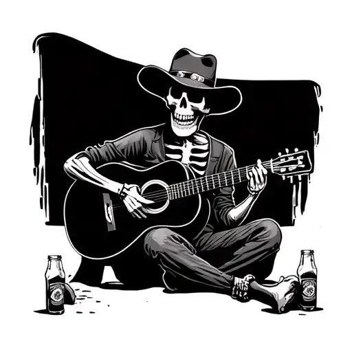 Western Skeleton Sitting Playing Acoustic Guitar With Flat Bill Hat On And Some Beers