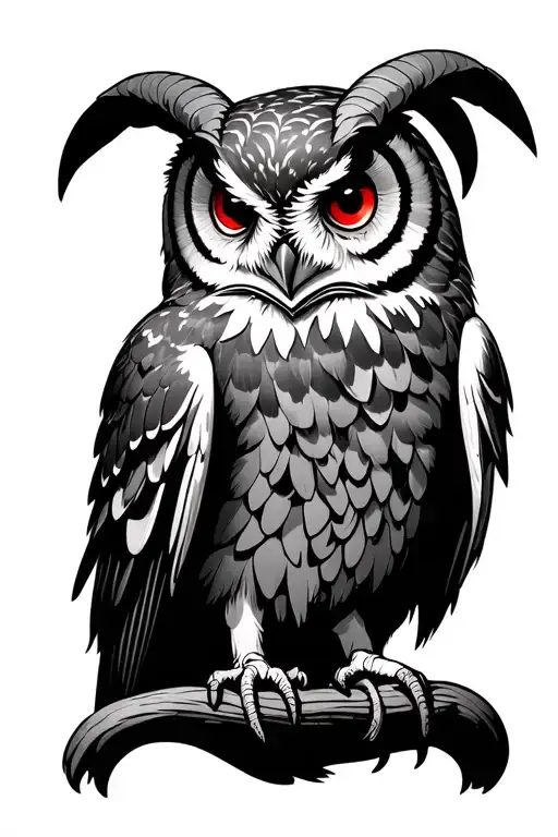 An Owl With Garnet Coloured Eyes Perched Atop Goat Horns