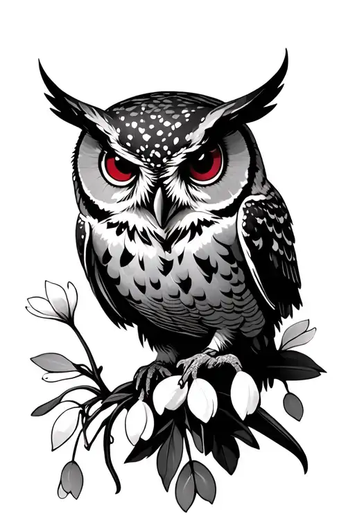 An Owl With Garnet Coloured Eyes Flying Above Snow Drop Flowers