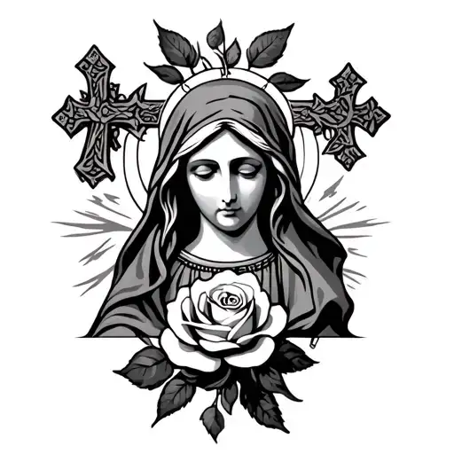 Virgin Mary With An Rose Intertwined And A Cross