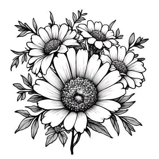 Marigold And Cosmos Flower Bouquet Fine Line