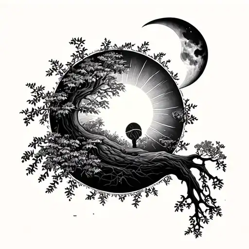Willow Tree With Sun And Moon Surrounded