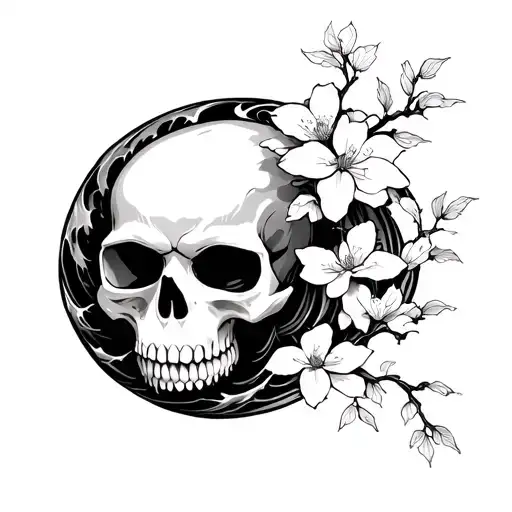 Japanese Samuri Skull Cherry Blossom Wave