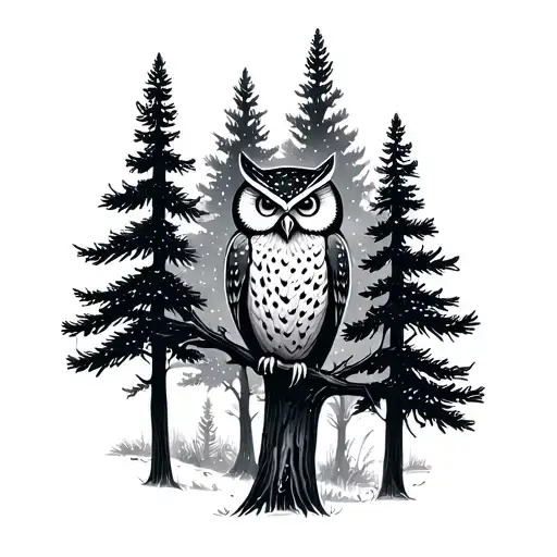 Pine Trees With Owl Line Work