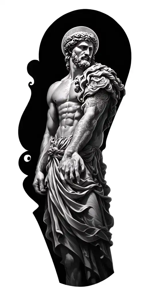 Greek God Tattoo With Much Detail And Full Arm Sleeve