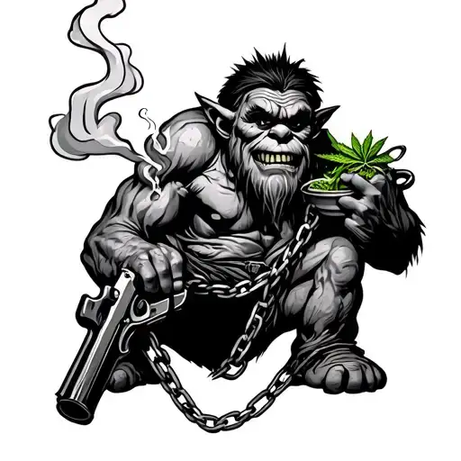 Troll Smoking Weed With Chains On And A Gun Protecting His Pot
