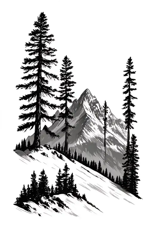 Teton Mountain Range With One Or A Few Large Pine Trees