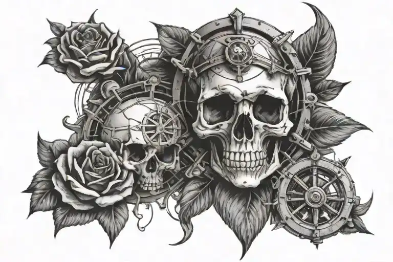 Skull Rose And Ship Wheel