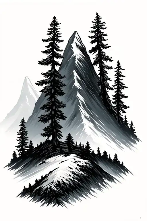 Simple Mountain Range With Large Pine Trees