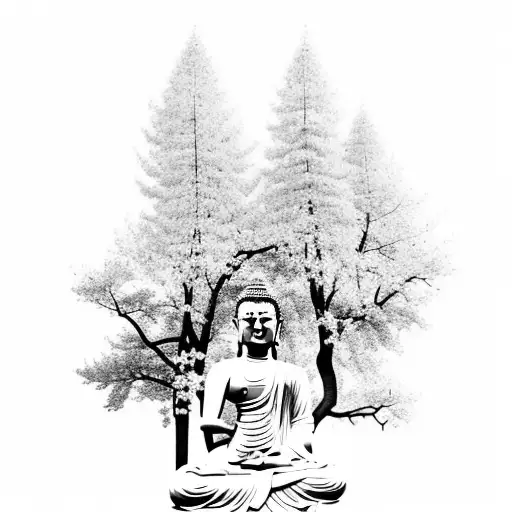 Buddha In Front Of Temple And Sakura Trees