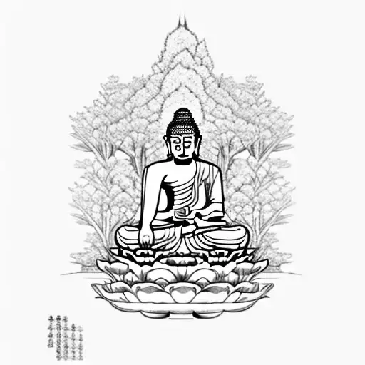 Buddha In Front Of Temple And Sakura Trees