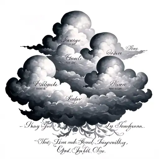 Clouds With My Family Names Written In Side Each Down And A Bible Verse At The Very Bottom