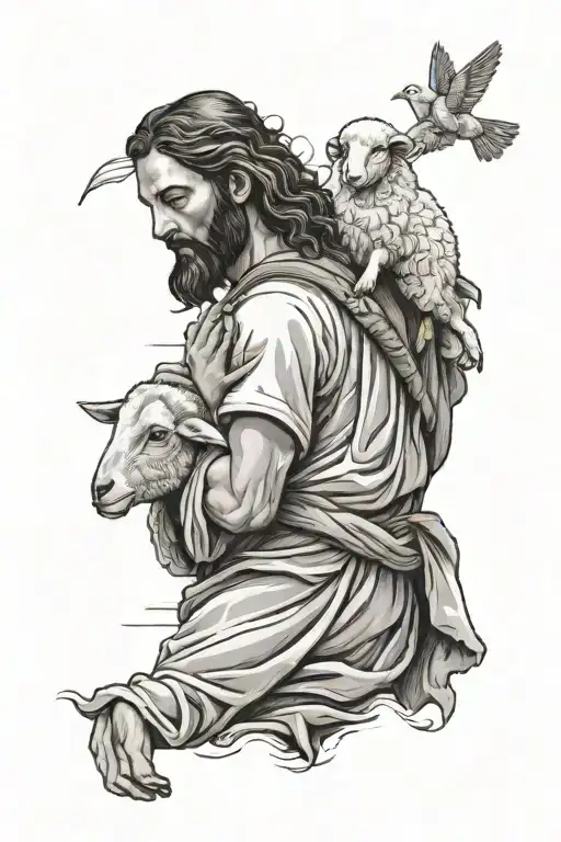 Jesus Carrying Sheep On Shoulders