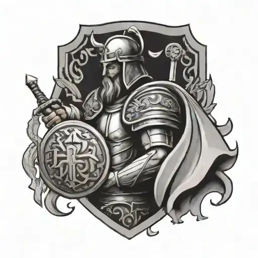 A Stoic Warrior Holding A Shield With The Word 'God' Inscribed On It