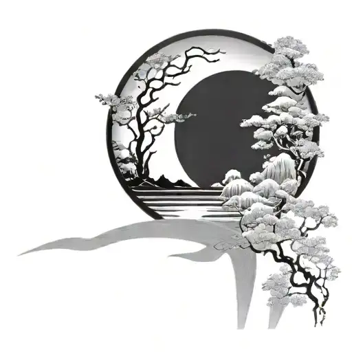 Enso Paint Circle Contains Japanese Torii Reflects On Lake Scene