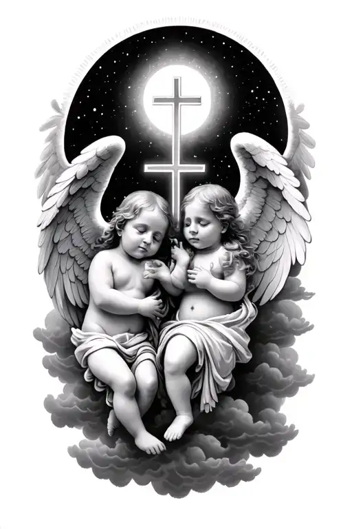 Baby Angels With Halo's And A Cross Inbetween Them With Clouds In The Background