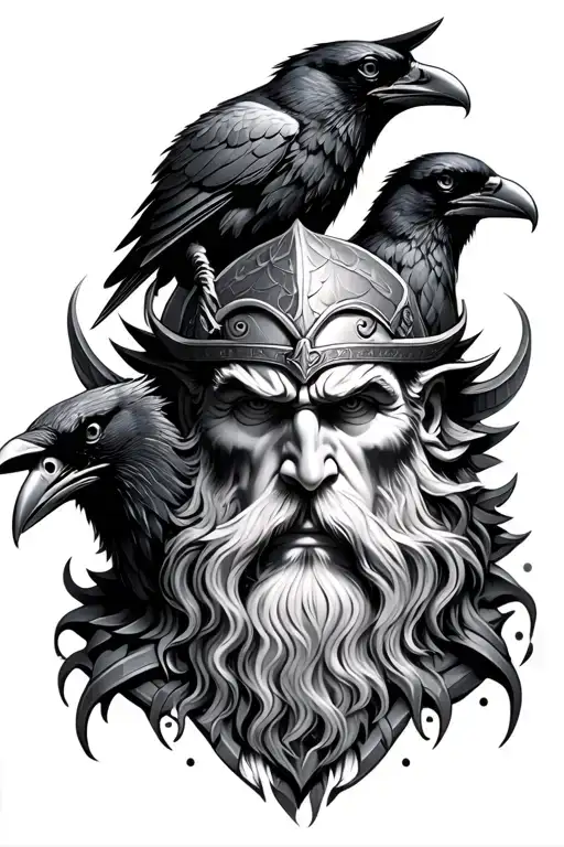 The Face Of The God Odin With 2 Ravens