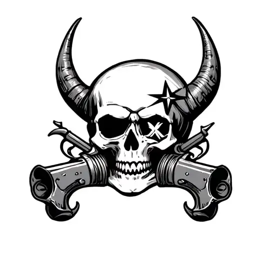 Skull Old Time Peacmaker Gun Barrels Horns And A Star In The Right Eye