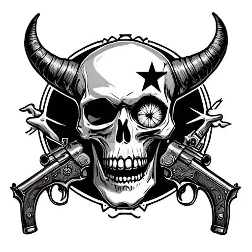 Skull Old Time Peacmaker Gun Horns And A Star In The Right Eye
