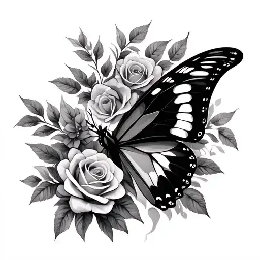 Black Butterfly With Roses Entwined