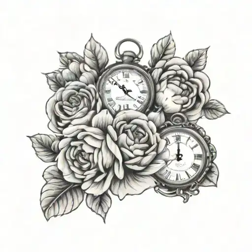 Roses And Peony With Time Clock