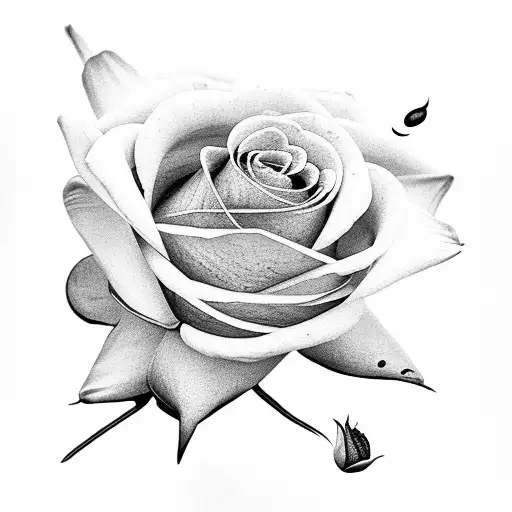 A Realistic Black And Grey Tattoo Of A Rose With Delicate Water Lily Petals Forming The Background