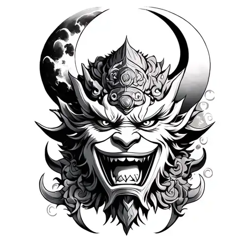 Oni Mask With A Temple Of Demon And A Moon