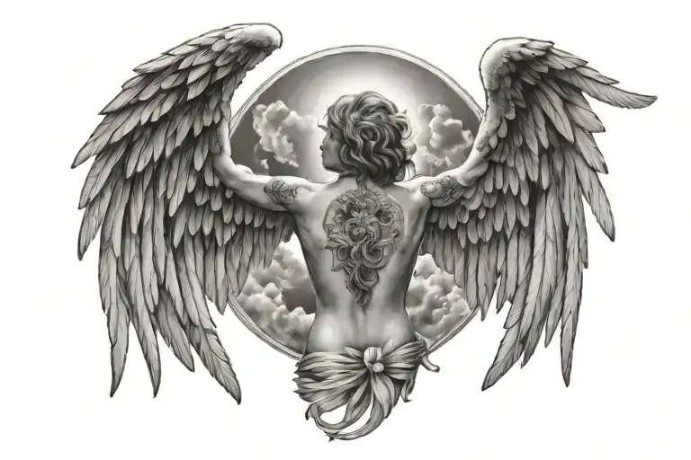 Backpiece With Guardian Angel Open Wings Surounded By A Big Sun & Clouds