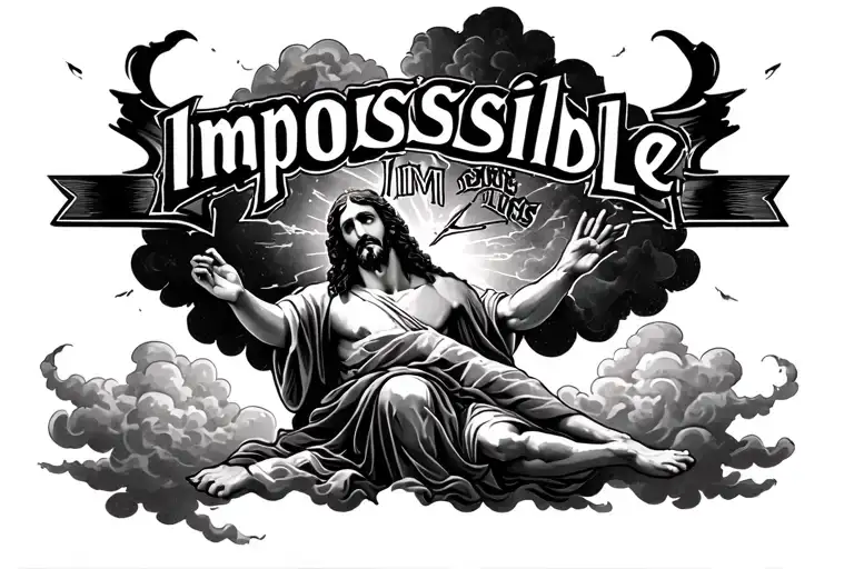 The Word 'Impossible' With 'Im' Crossed Out And Clouds Underneath With Jesus Knealing Down