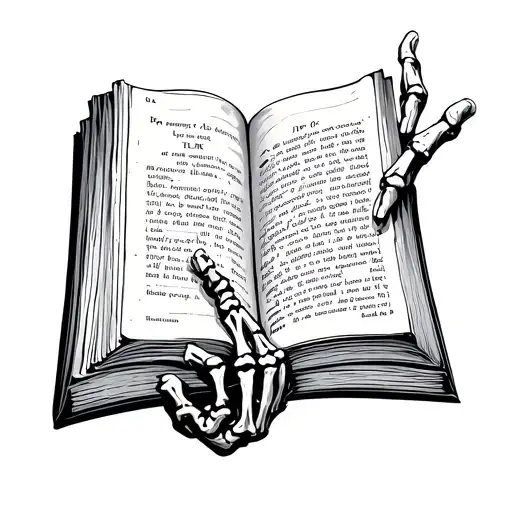 Tattoo Of A Skeleton Hand Turning A Page Of A Book With Two Fingers From An Aerial View