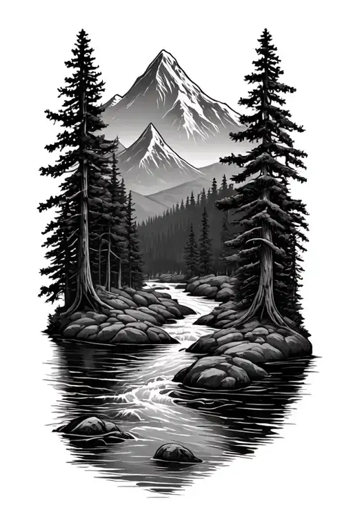 Forest With River Flowing And Mountain In Background