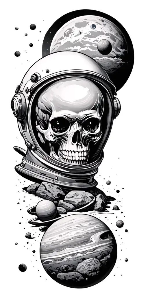 Skull In Space Helmet Surrounded By Planets And Rocks