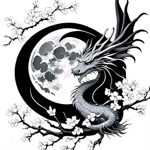Dragon Flying Close To The Moon With Cherry Blossoms
