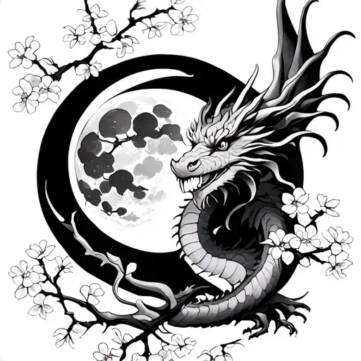 Dragon Flying Close To The Moon With Cherry Blossoms