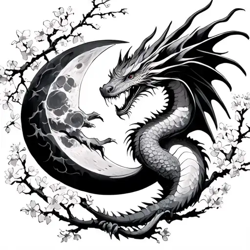 Dragon Flying Close To The Moon With Cherry Blossoms