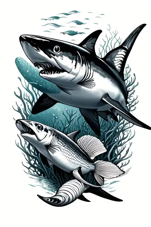 Black Tip Reef Shark And Fish Swimming