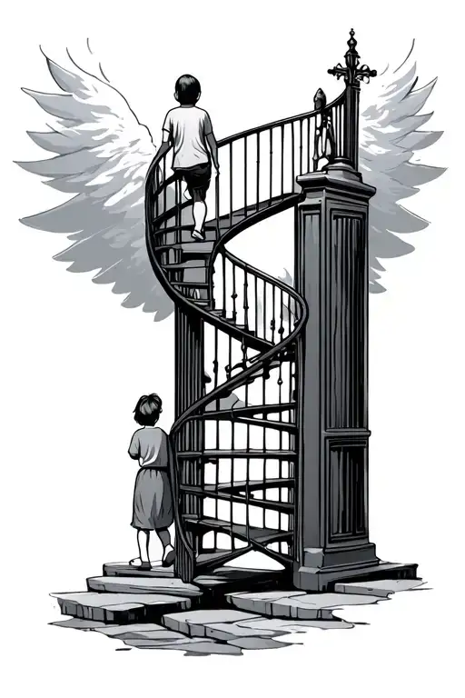 Spiral Staircase Into Heaven Gates With One Kid And A Mom Walking On It