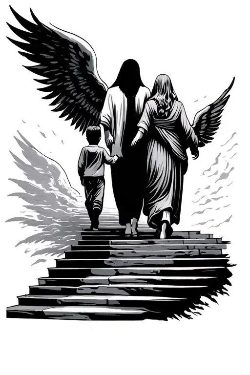 Staircase Into Heaven With Mom And Son Walking Hand In Hand To Heaven