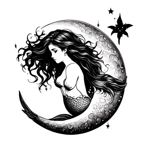 Simple Mermaid On A Crescent Moon